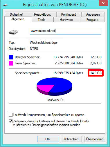Kapazitätsrechner: Speicherplatzdarstellung in Windows.