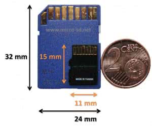Größenvergleich SD-Karte mit Micro SD-Karte. Gilt sowohl für Standard, SDHC und SDXC-Karten.